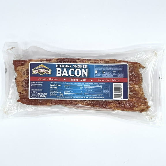 Petit Jean Meats Naturally Hickory Smoked Thick Sliced Bacon, Gluten-Free, Refrigerated, Vacuum Packed, 24 oz