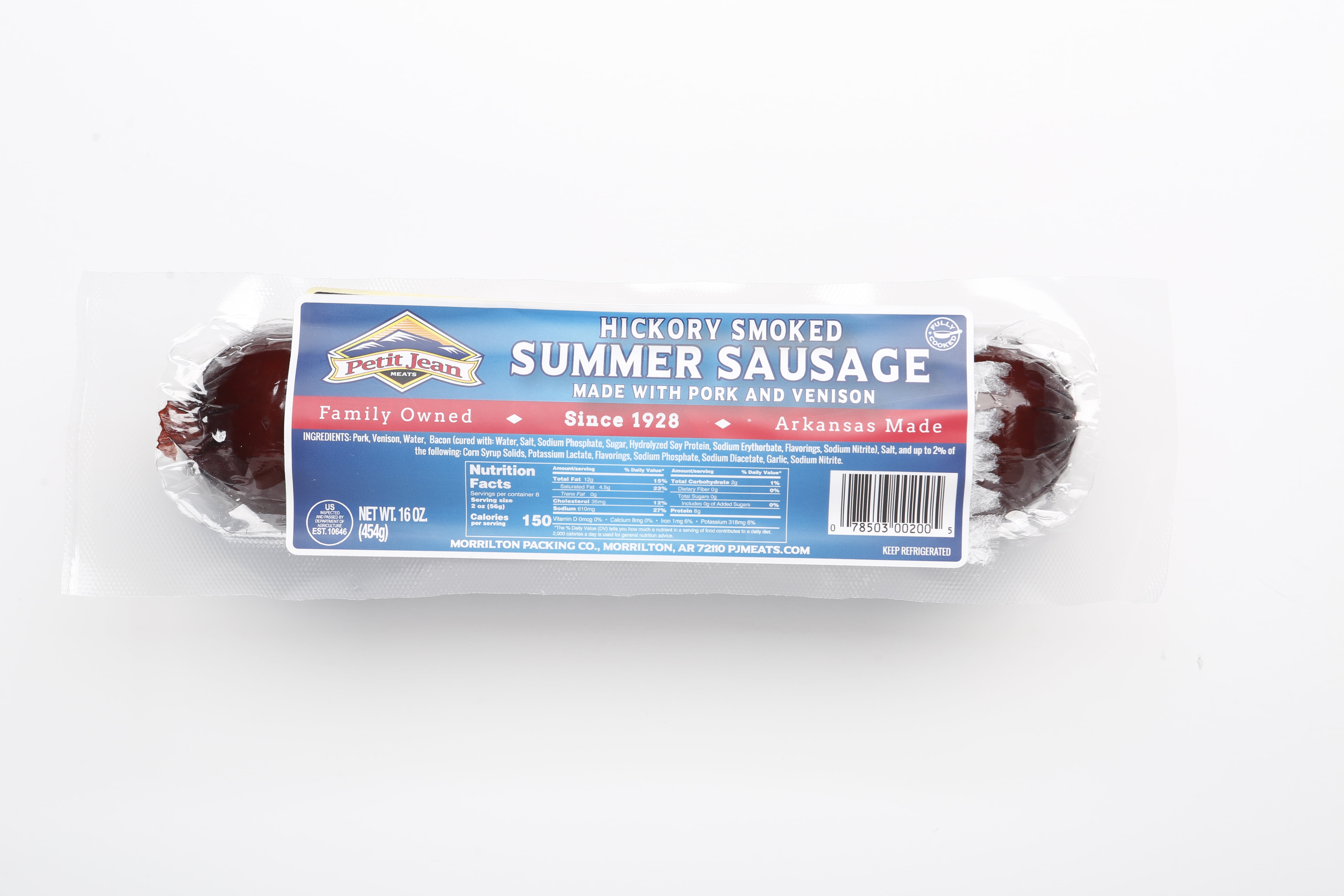 Petit Jean Pork and Venison Summer Sausage, 8 g Protein per serving, Serving size 2 oz, Vacuum