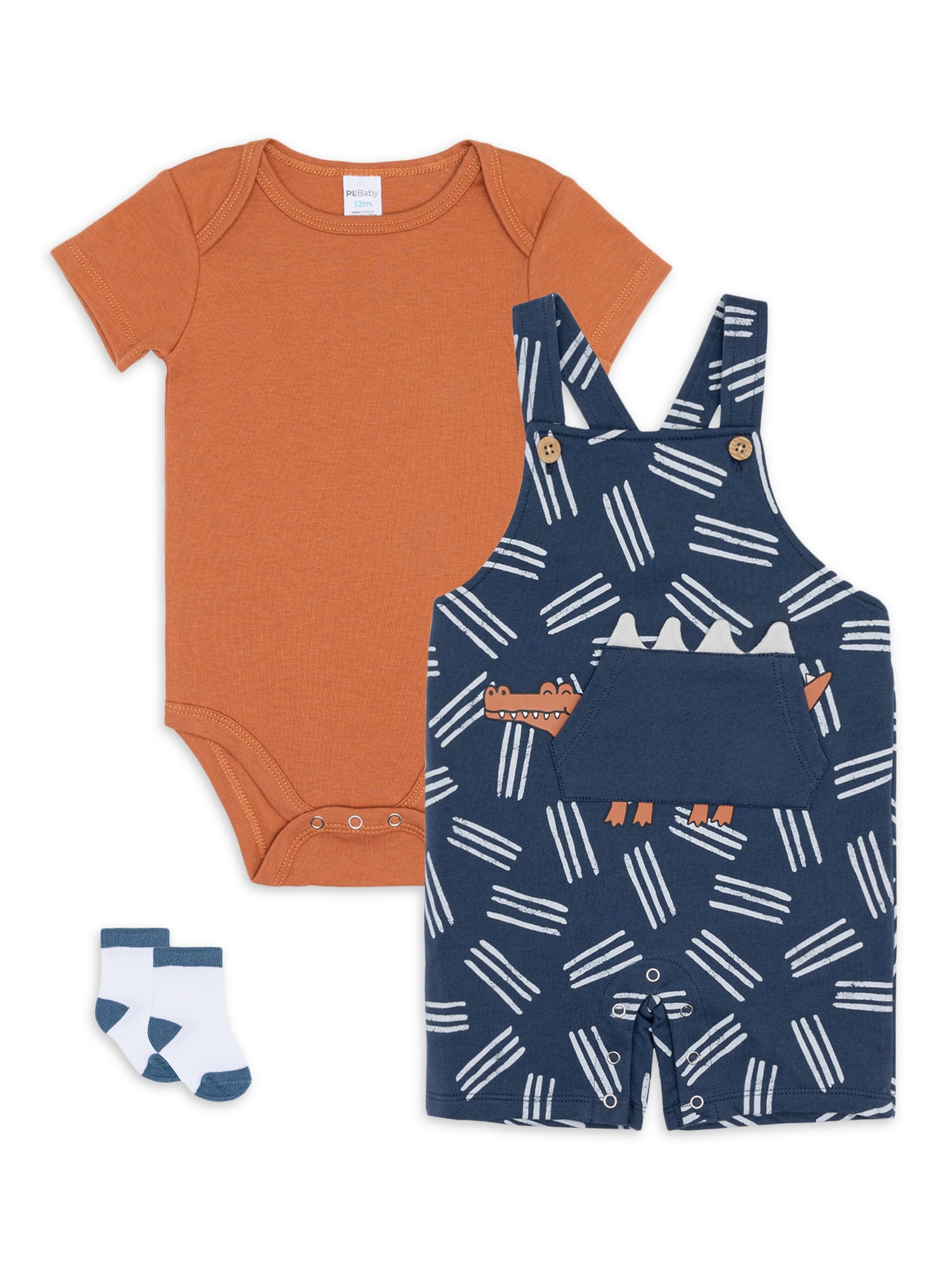 Petit Lem Baby Boy Overalls, Bodysuit and Socks Outfit Set, 3Piece