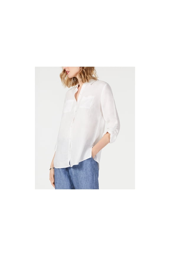 Petite 100% Linen Button-Front Shirt Bright White PM