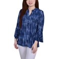 thumbnail image 1 of Petite 3/4 Bell Sleeve Printed Pleat Front Y-neck Top Blue Stripe PXL, 1 of 1
