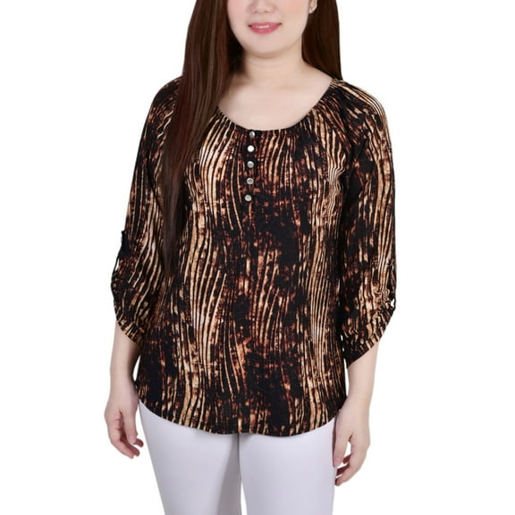 Petite 3/4 Push Tab Round Neck Henley Top Brown Swirlbreeze PS