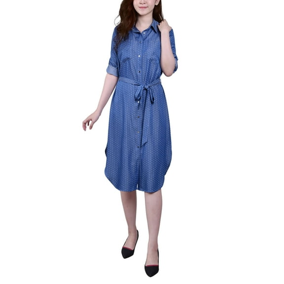 Petite 3/4 Roll Tab Sleeve Denim Dress Medium Dot PXL