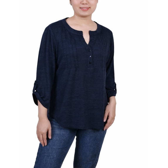 Petite 3/4 Roll Tab Sleeve Pintuck Top Denim Blue PL