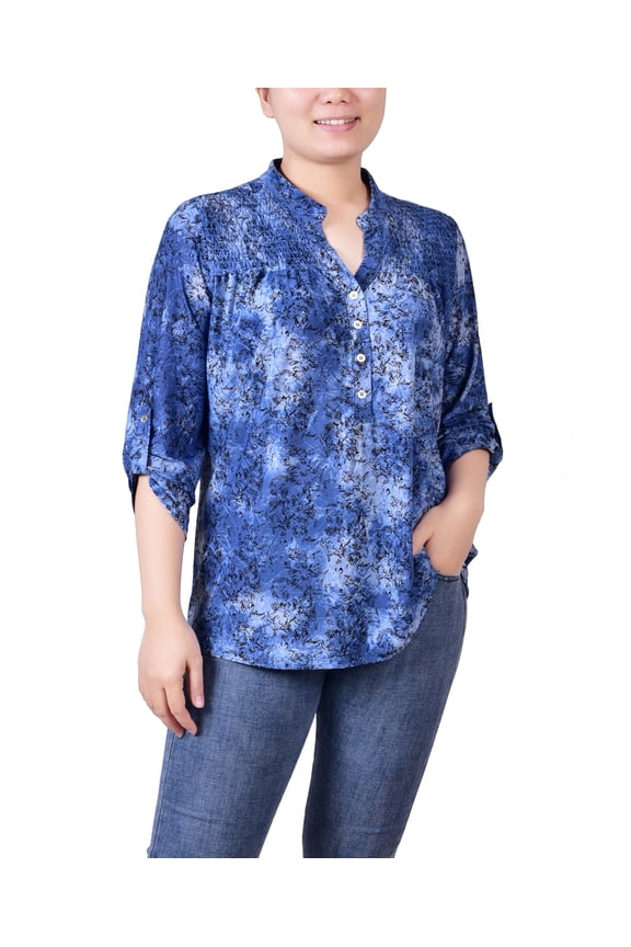 Petite 3/4 Roll Tab Sleeve Smocked-Yoke Top Etch Dark Blue PS
