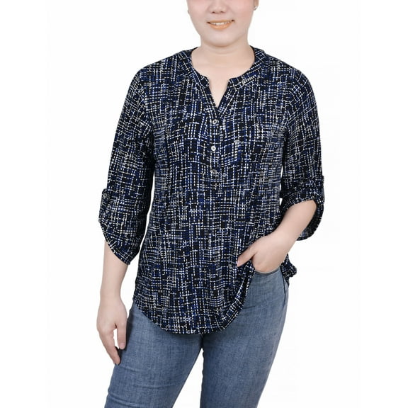 Petite 3/4 Roll Tab Sleeve Y-neck Top Black Royal Abstract Line PXL