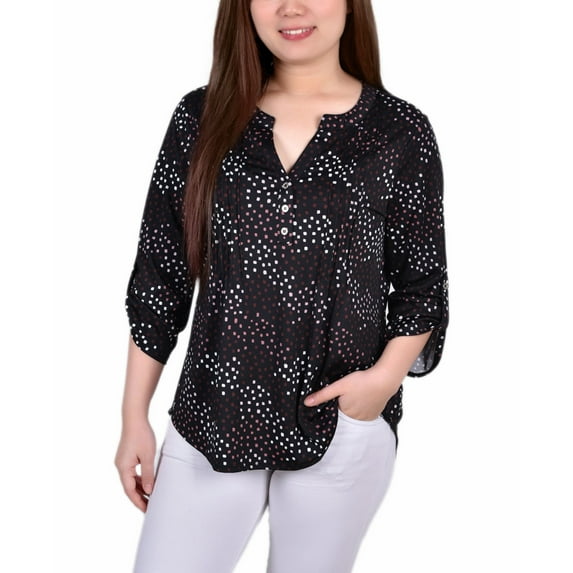 Petite 3/4 Roll Tab Sleeve Y-neck Top Black White Abstract PS