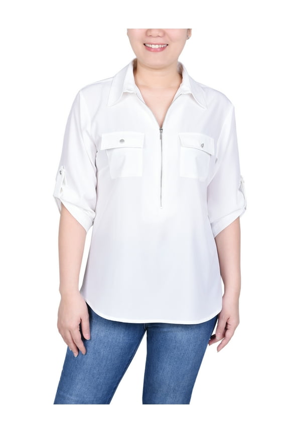 Petite 3/4 Roll Tab Sleeve Zip Front Top