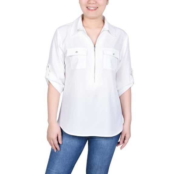 Petite 3/4 Roll Tab Sleeve Zip Front Top