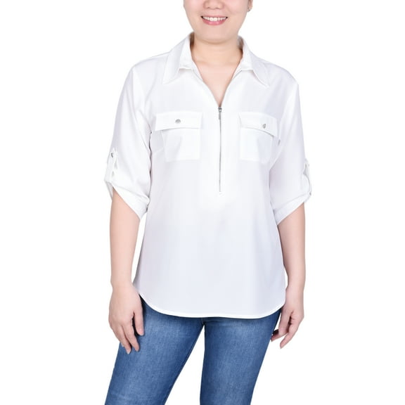 Petite 3/4 Roll Tab Sleeve Zip Front Top