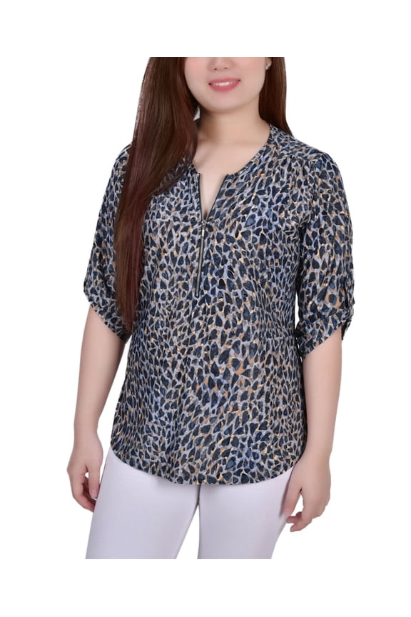 Petite 3/4 Roll Tab Zip Front Jacquard Knit Top Snow Leopard PXL