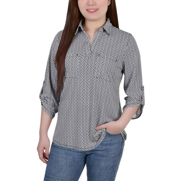 Petite 3/4 Ruched Sleeve Studded Y-neck Top Circles And Diamonds PM