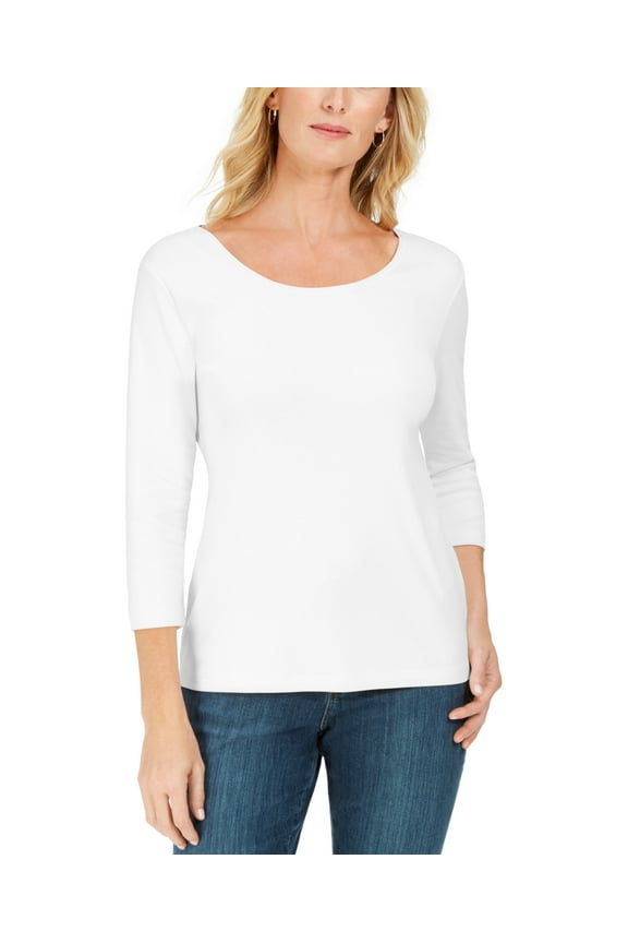 Petite 3/4 Sleeve Cotton Scoop-Neck Top Bright White PXL