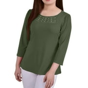 NY COLLECTION Womens Studded Strips Pullover Blouse, Green, Petite, PM