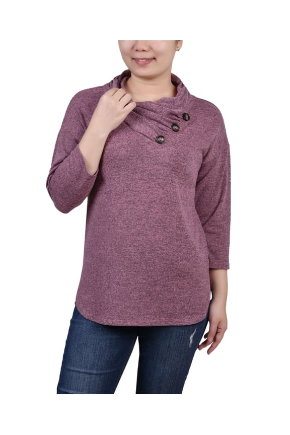 Petite 3/4 Sleeve Crossover Cowl Neck Top Mauve PM