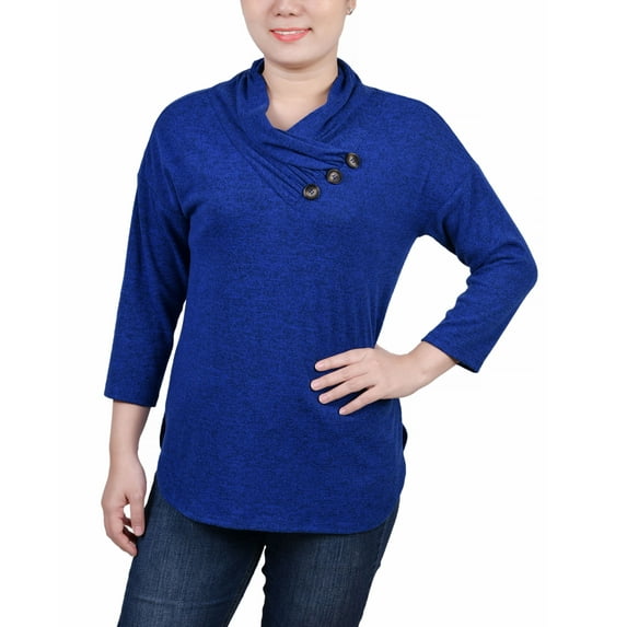 Petite 3/4 Sleeve Crossover Cowl Neck Top Surf The Web Enzoz PM