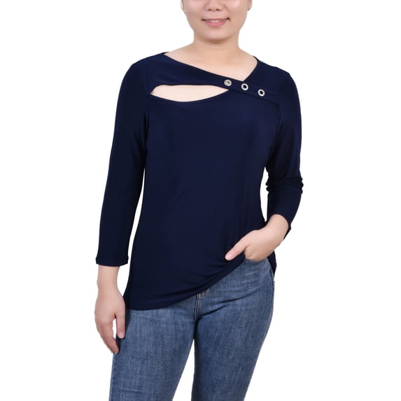 Petite 3/4 Sleeve Cutout Top Navy PS
