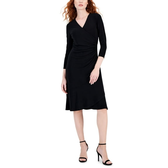 Petite 3/4-Sleeve Faux-Wrap Dress Solid Black PL