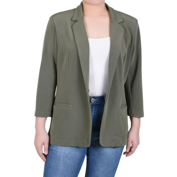 NY Collection Womens Jacquard Knit One Button Blazer Jacket, Green, Petite, PM