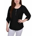 thumbnail image 1 of Petite 3/4 Sleeve Honeycomb Henley Top Black PL, 1 of 1