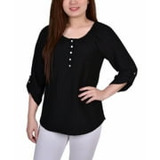 NY COLLECTION Petite 3/4 Sleeve Honeycomb Henley Top Black PL
