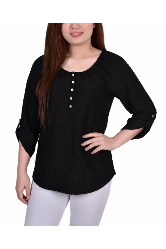 Petite 3/4 Sleeve Honeycomb Henley Top Black PS