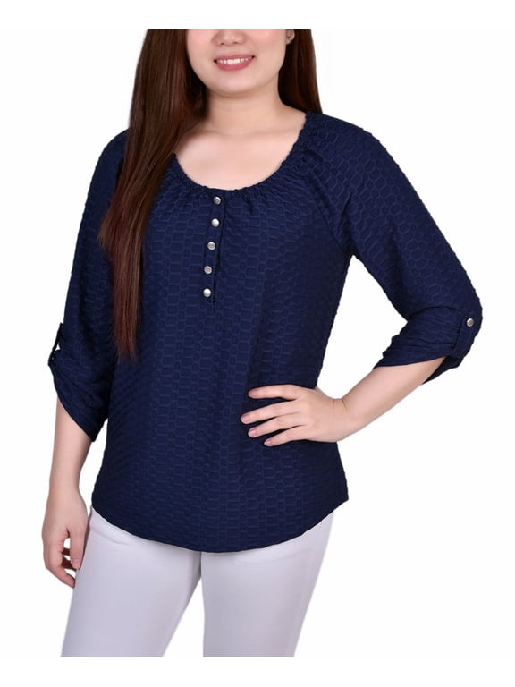 Petite 3/4 Sleeve Honeycomb Henley Top Dark Blue PXL