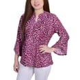 thumbnail image 1 of Petite 3/4 Sleeve Overlapped Bell Sleeve Y Neck Top Leopard PL, 1 of 1