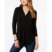 CHARTER CLUB Petite 3/4-Sleeve Pleated V-neck Top Deep Black PXXS