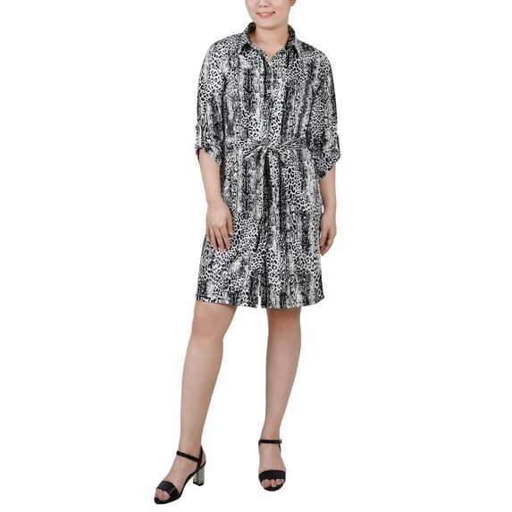Petite 3/4-Sleeve Printed Shirt Dress Black Leosnake PL