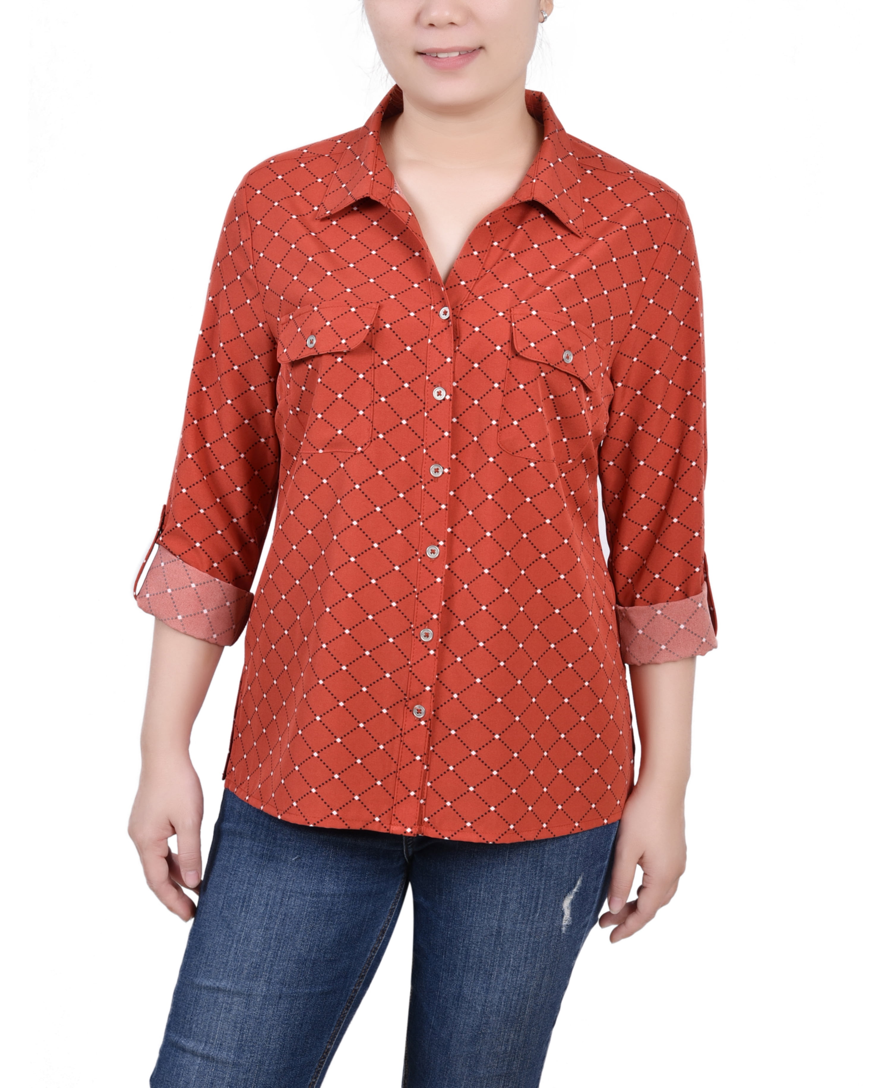 Doeskin Black Nursedot 3/4 Roll Tab Blouse With Pockets - Petite