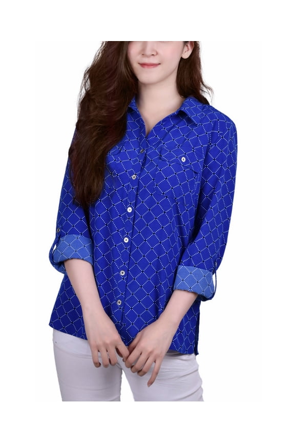 Petite 3/4 Sleeve Roll Tab Notch Collar Blouse Not Surf The Web Diapearl PL