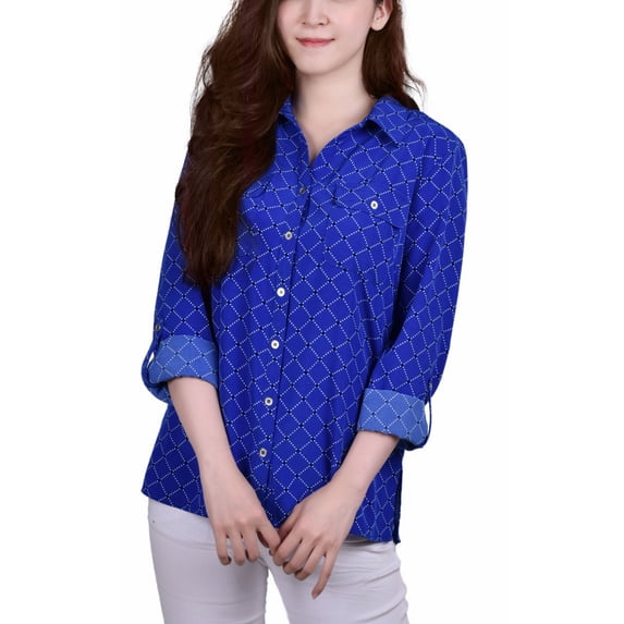 Petite 3/4 Sleeve Roll Tab Notch Collar Blouse Not Surf The Web Diapearl PL