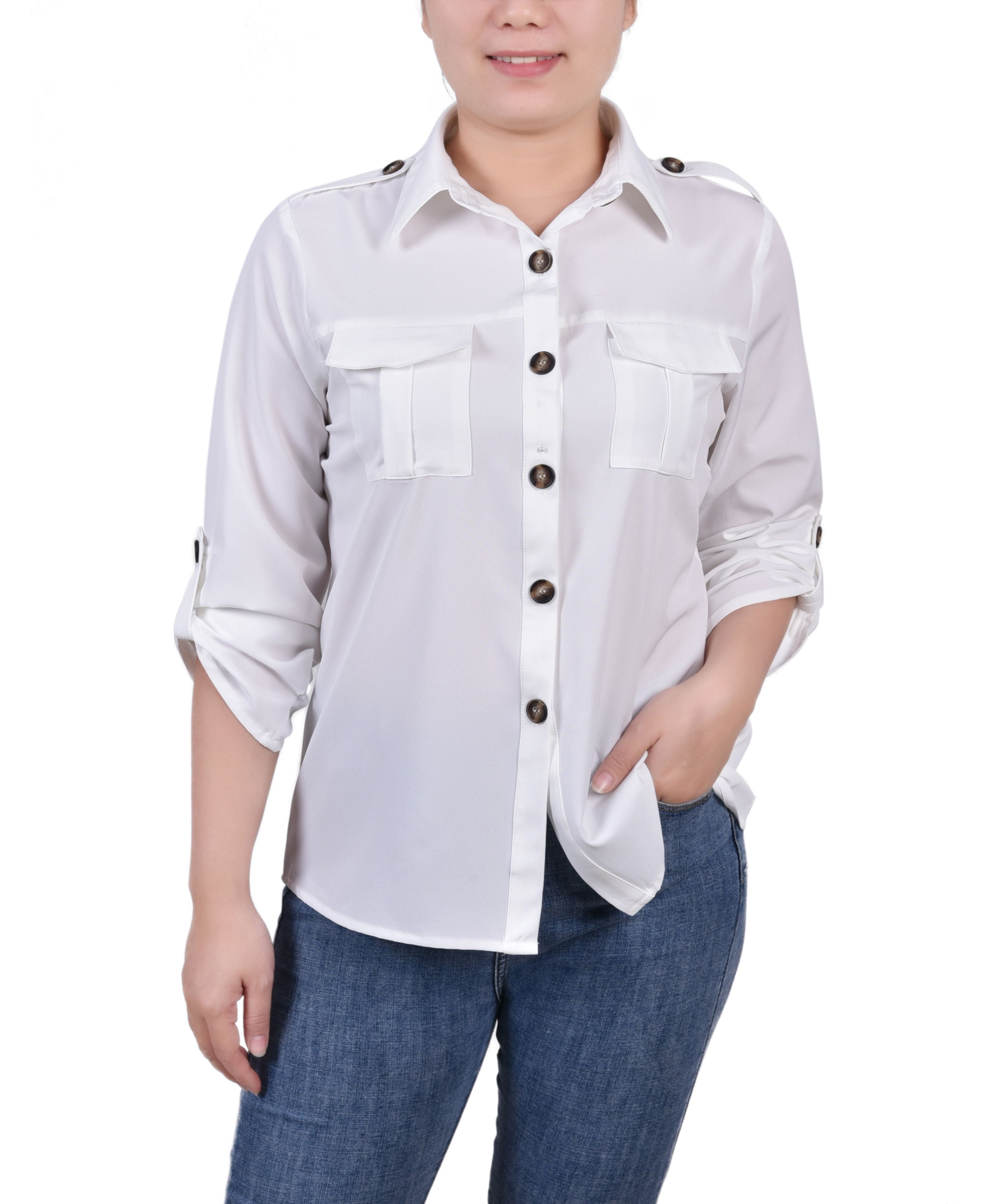 Black White Abstract Dot 3/4 Roll Tab Blouse With Pockets - Plus Size