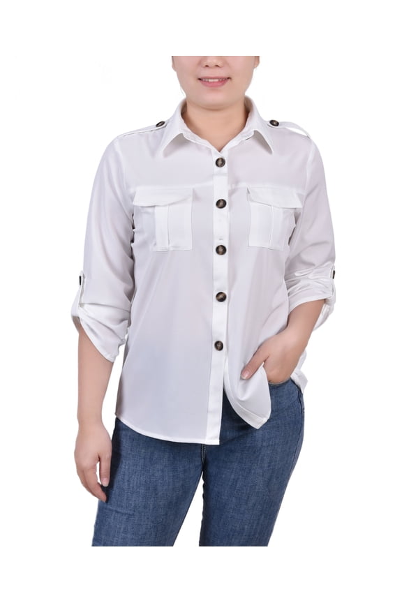 Petite 3/4 Sleeve Roll Tab Utility Blouse White PS