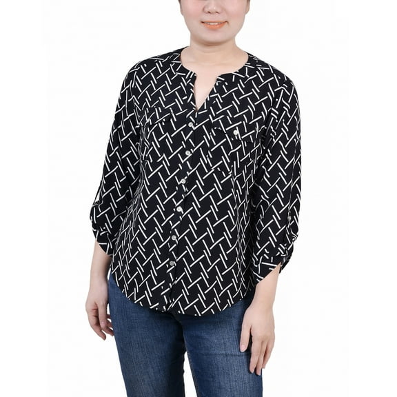 Petite 3/4 Sleeve Roll Tab Y Neck Blouse Black White Line Abstract Line PL
