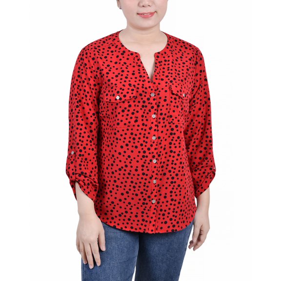 Petite 3/4 Sleeve Roll Tab Y Neck Blouse Ski Patrol Black Icemoon PM