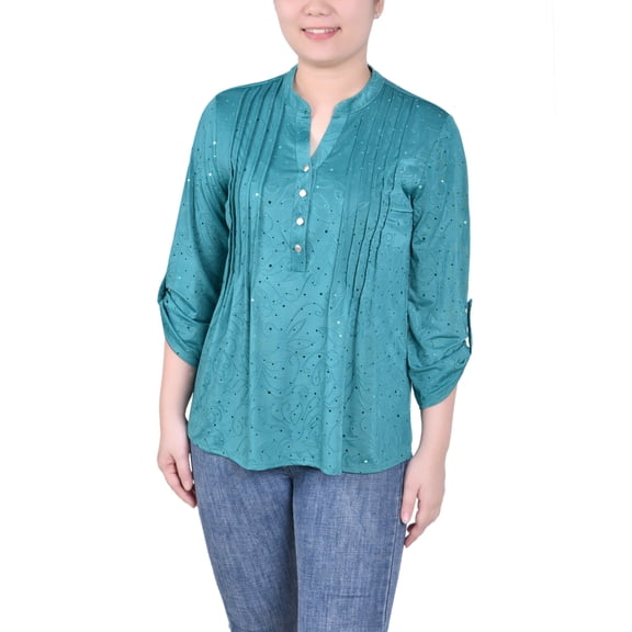 Petite 3/4 Sleeve Roll Tab Y Neck Top