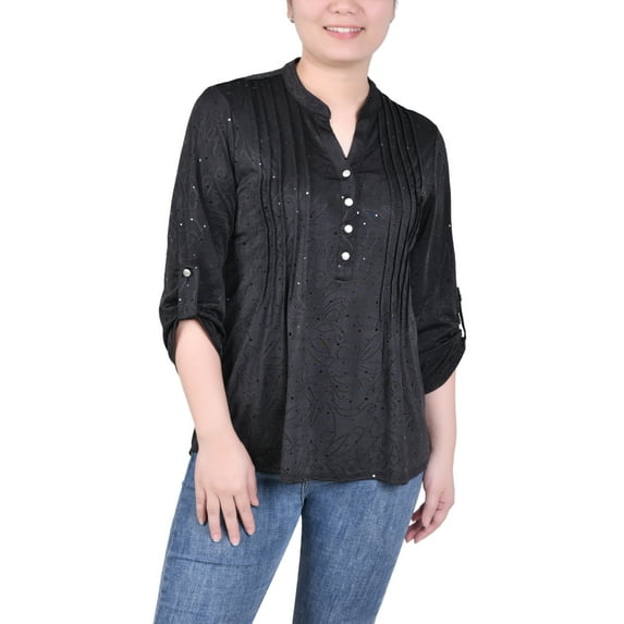 Petite 3/4 Sleeve Roll Tab Y Neck Top