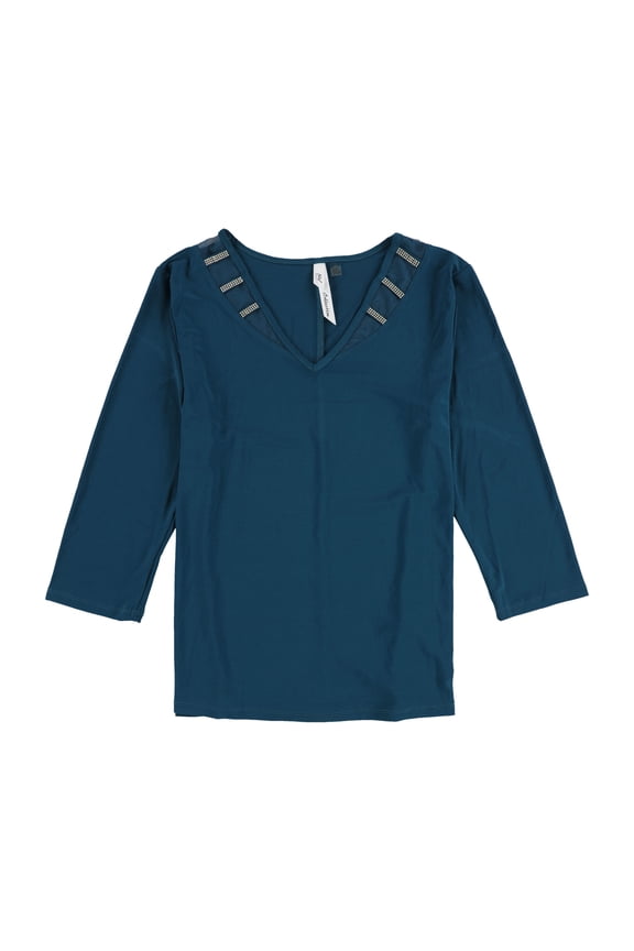 Petite 3/4 Sleeve Top with Illusion Neckline and Stones Fanfare PM