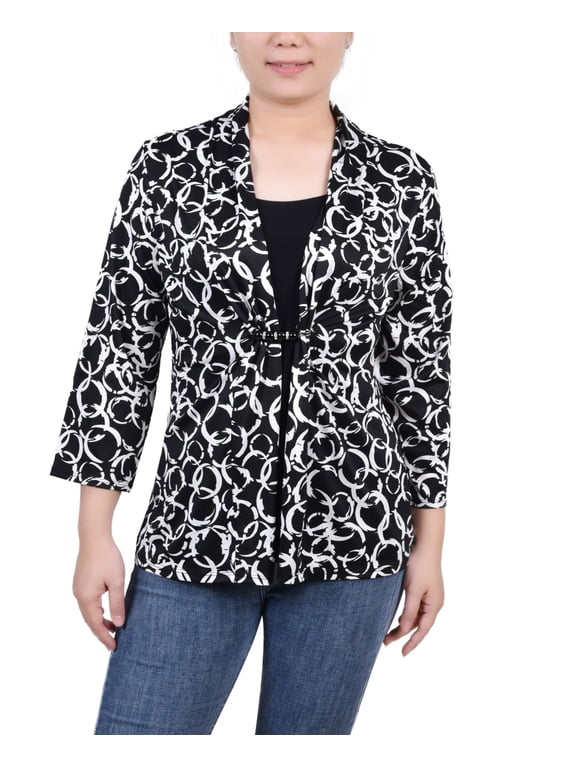 Petite 3/4 Sleeve Two-Fer Top Black Dusolei PL