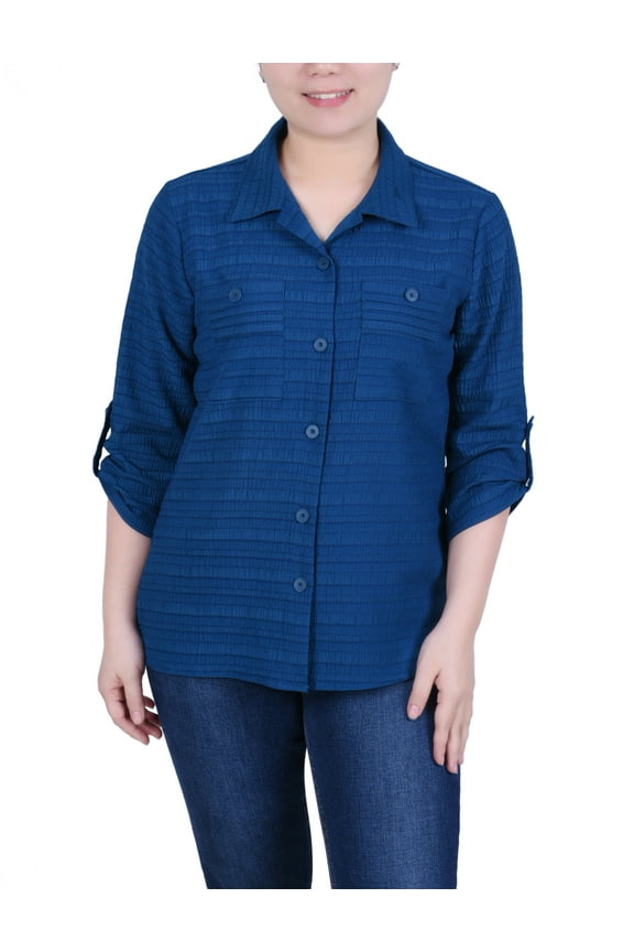 Petite 3/4 Sleeve Woven Jacquard Blouse