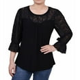 thumbnail image 1 of NY Collection Womens Embroidered Mesh Yoke Crepe Sleeve Pullover Blouse, Black, Large, 1 of 1