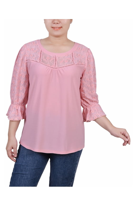 Petite 3/4 Sleeve with Embroidered Mesh Yoke and Sleeves Crepe Top Mellow Rose PL
