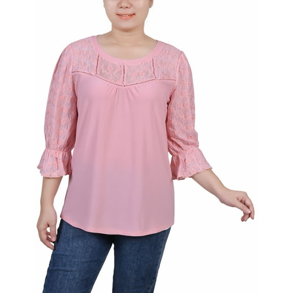 Petite 3/4 Sleeve with Embroidered Mesh Yoke and Sleeves Crepe Top Mellow Rose PXL