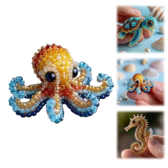Petite 3D Beaded Animal Craft Kit, Sea Turtle Octopus Shark Bead Embroidery Kit, DIY Ornament, Stress Relief Craft for Adults & Teens (1 PCS)