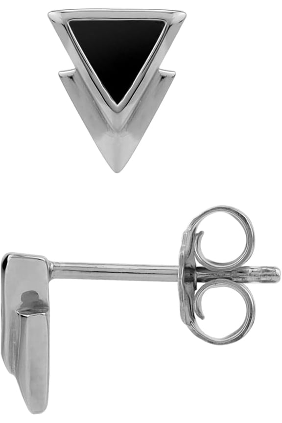 Petite 4MM Triangle Shape Natural Black Onyx Inlay White Gold Plated 925 Sterling Silver Minimalist Trendy Chic Geometric Stud Earrings Jewelry for Women[c624]