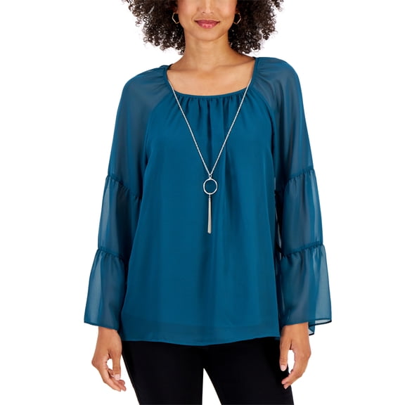 Petite Abstract-Print Tiered-Sleeve Top Teal Evergreen PXL