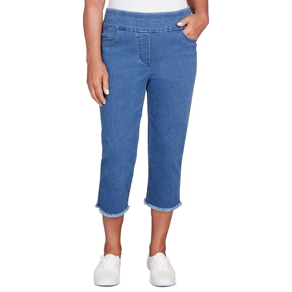Alfred Dunner Womens Petite Denim Fringe Capri Pant