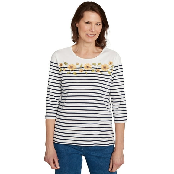 Alfred Dunner Womens Petite Sunflower Neckline Striped Top